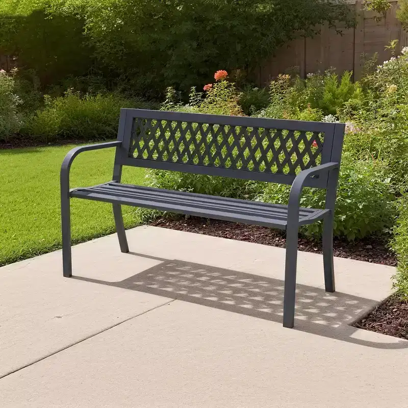Iron Frame Bench with Geometric Hollowed-Out Design, Suitable for Gardens, Courtyards, and Terraces
