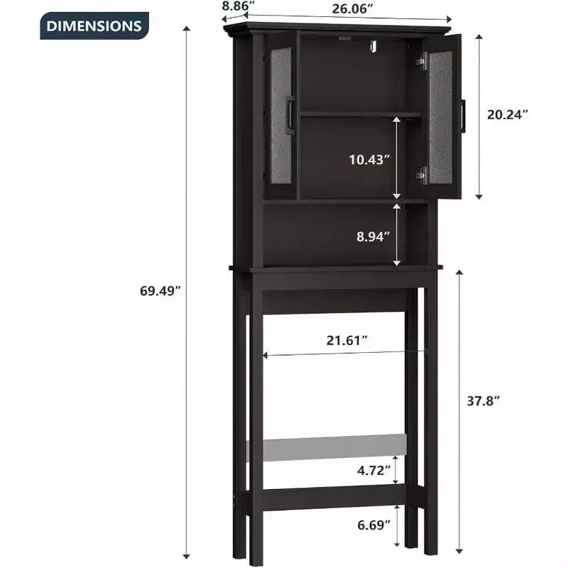 Over Toilet Storage Cabinet, Bathroom Organizer with Glass Doors and Adjustable Shelf, Thick Frame, Espresso Color