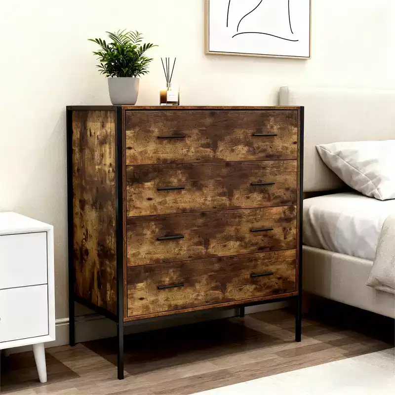 4-Drawer Industrial Style Dresser, Rustic Brown MDF & Steel Frame, Fabric Drawers