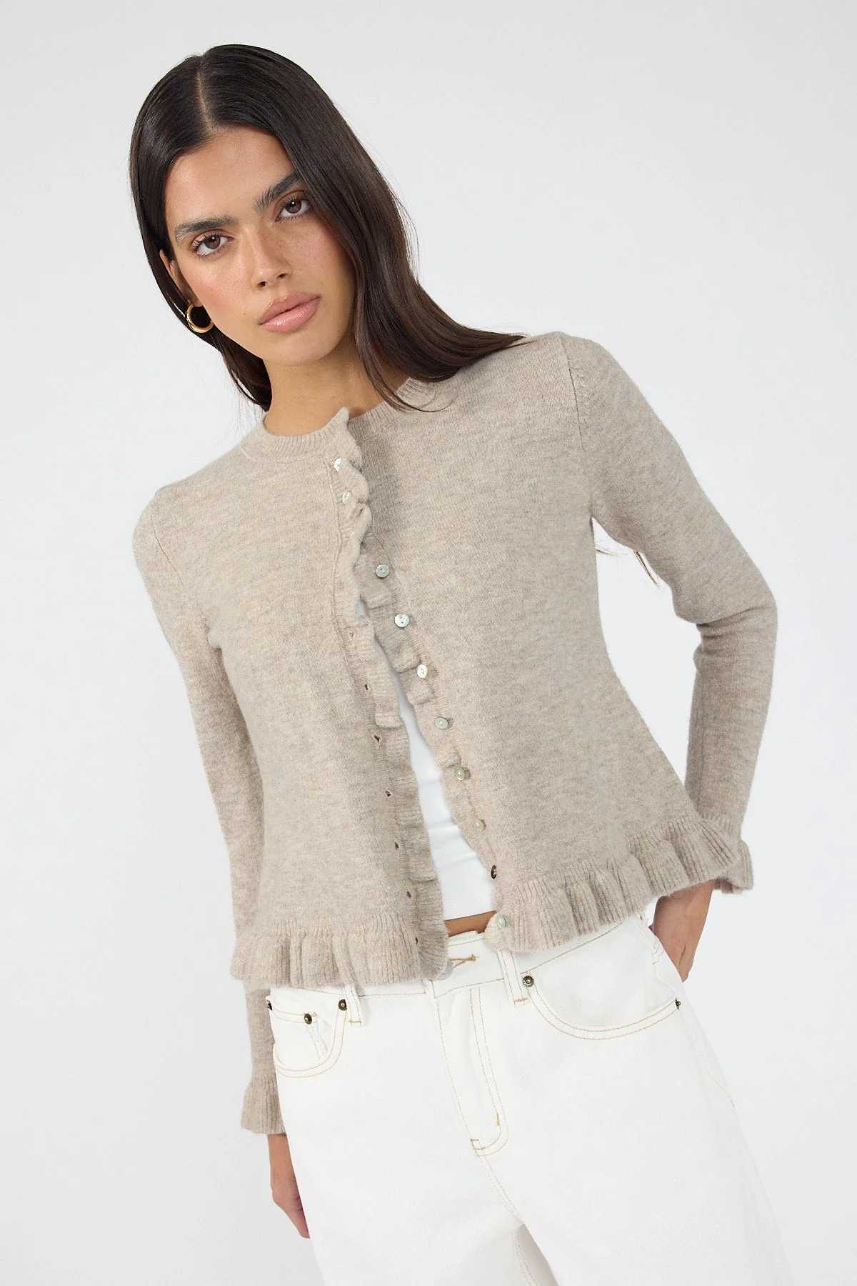 Frill Knit Cardigan Taupe