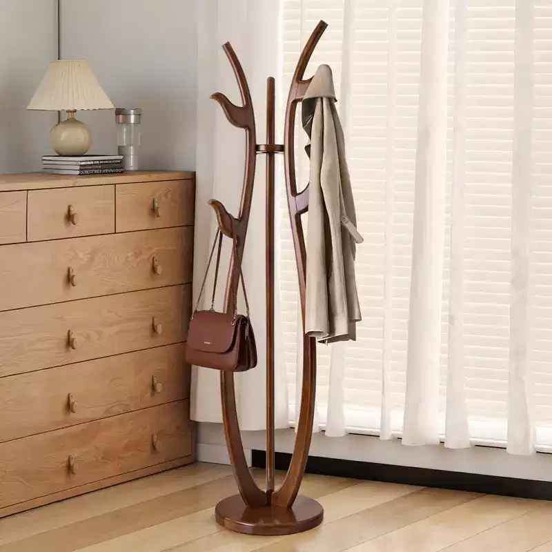 S-Shaped Freestanding Coat Rack, Solid Wood Coat Tree with 6 Hooks and Round Base