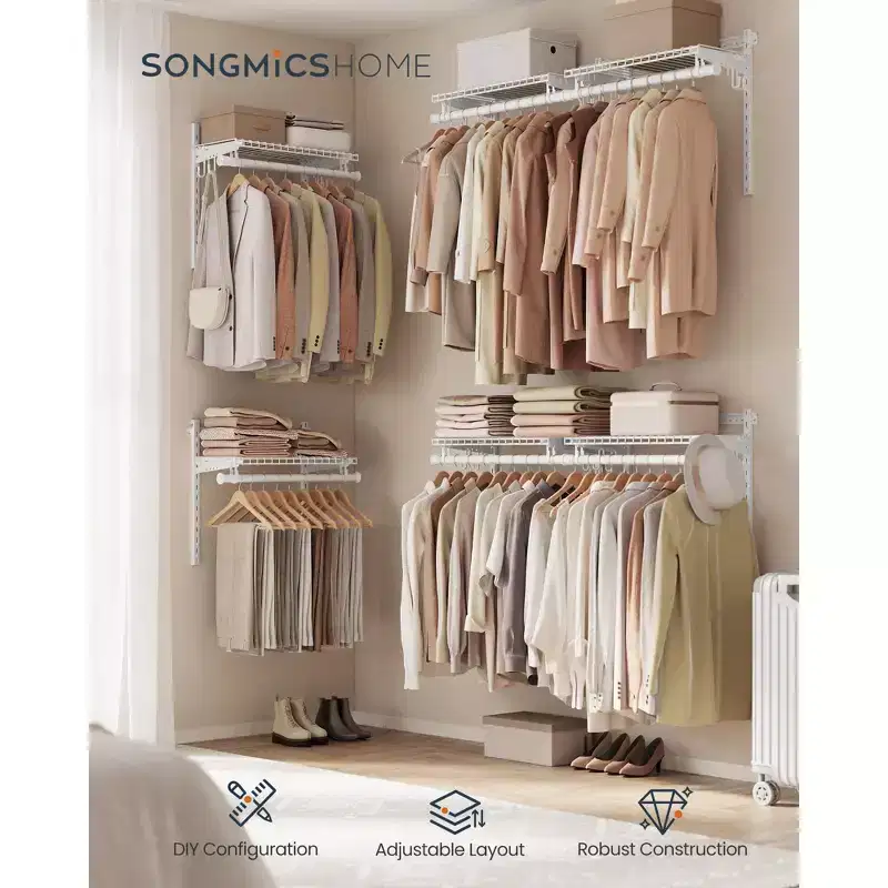 Adjustable Closet Organizer System - 4-8 ft Metal Shelving Unit with 6 Rods & 6 Shelves, 414 lb Capacity, Cloud White
