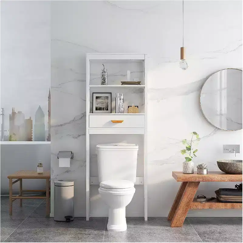 Bathroom Over Toilet Storage Cabinet with 1 Drawer and 2 Open Shelves, Freestanding Wooden Storage Shelf for Bathroom White