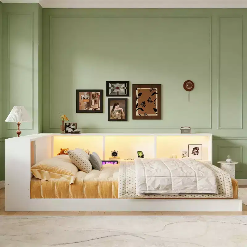 Luxystar Modern Queen Daybed with 5 Storage Shelves, Outlets and Light