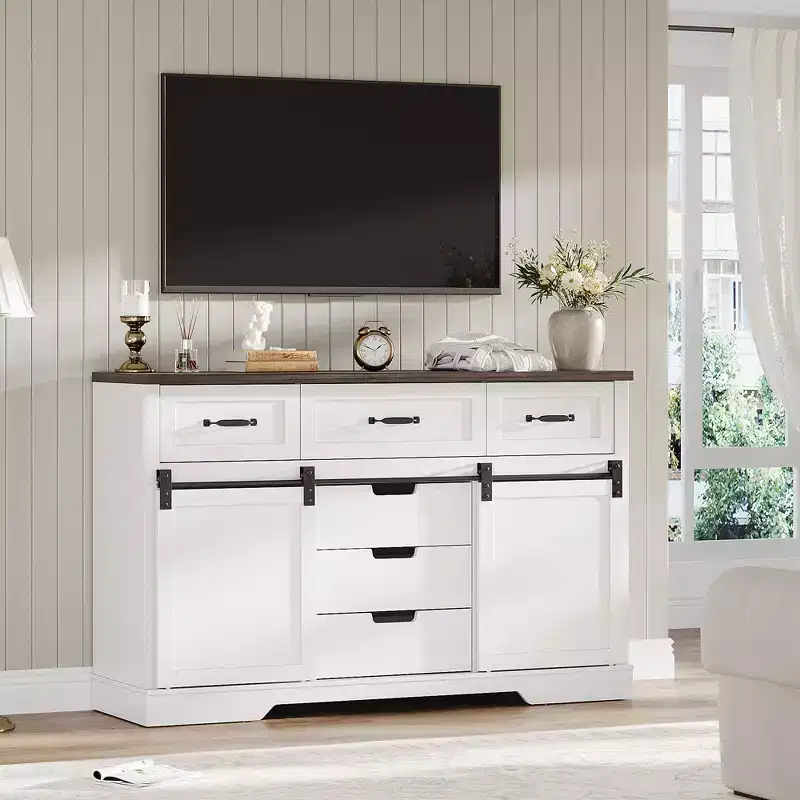 Brown Rustic Farmhouse Dresser with Lighted Mirror, 6 Drawers & 2 Sliding Doors, Single
