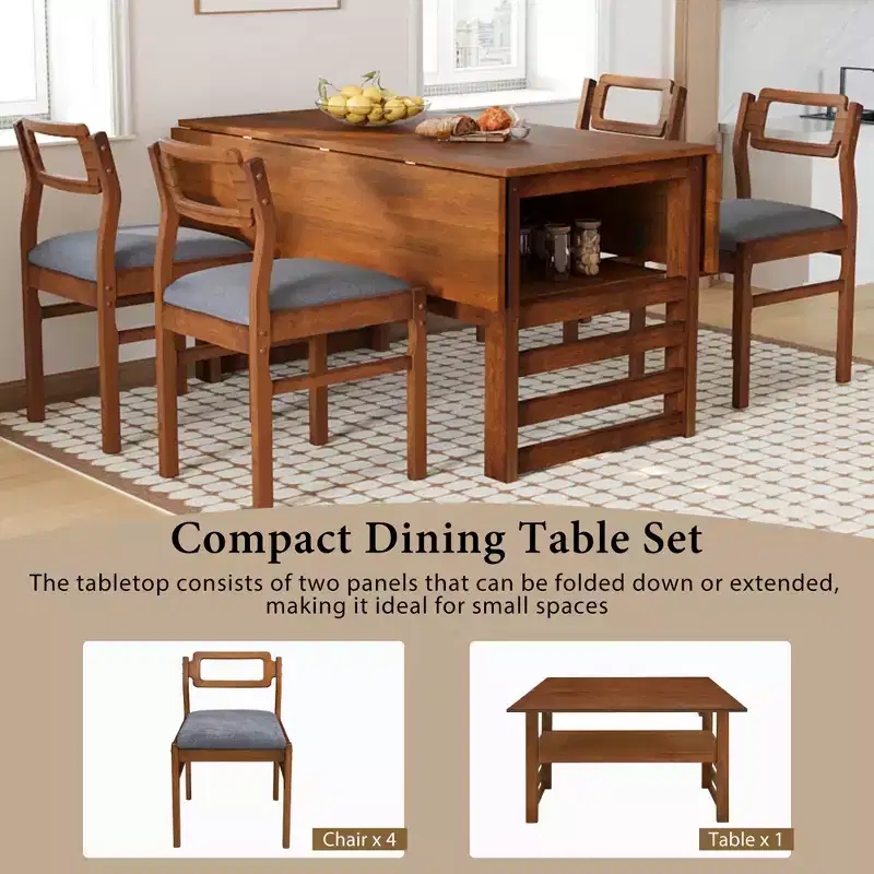 Whisen Modern 5-Piece Extendable Wood Dining Table Set with Two Drop Leaves and Upholstered Chairs
