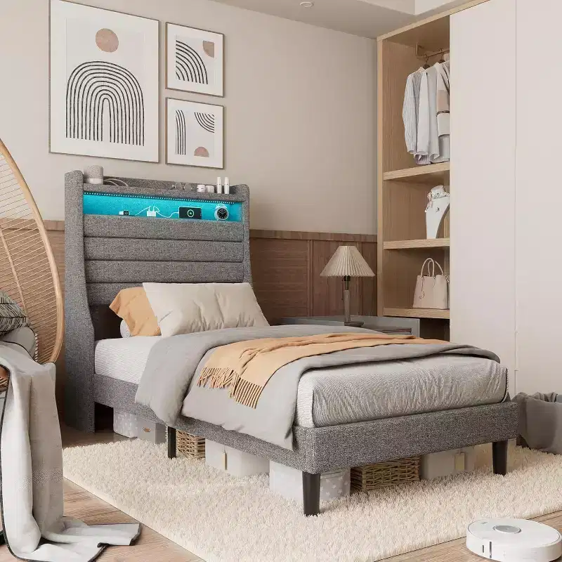 Acekool Twin Bed Frame with Charging Station and LED Lights, Upholstered Platform Bed with Storage Headboard, Wooden Slats, Beige