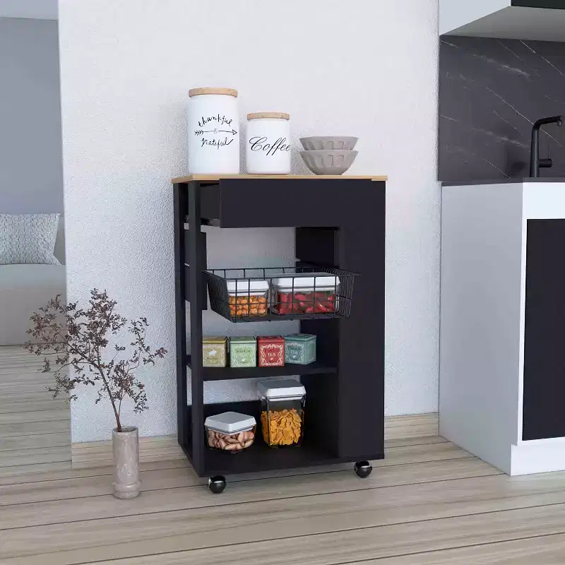 Okak Modern Kitchen Island With Storage, Kitchen Cart with 1 Drawer and 2 Open Shelves, Kitchen Island On Wheels for Kitchen, Dining Room