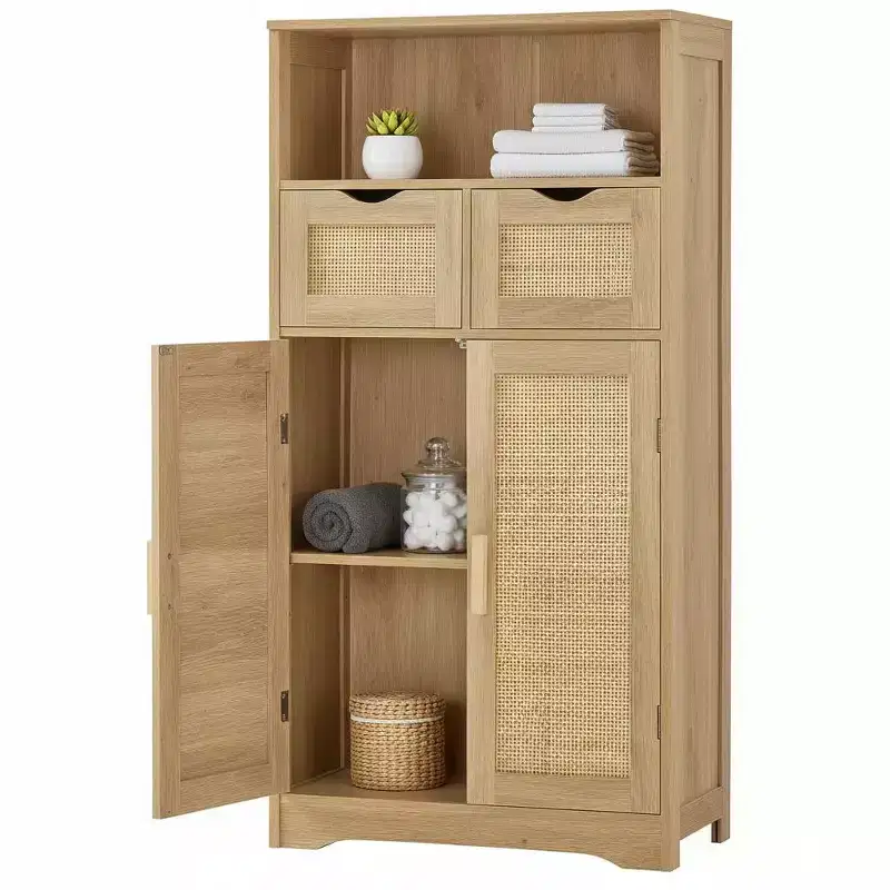 Rattan Storage Cabinet with 2 Drawers & Adjustable Shelves for Kitchen/Home