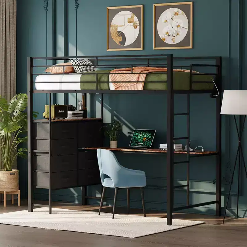 Black Twin Loft Bed with Desk, 7 Storage Drawers and LED Light