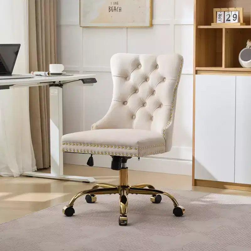 Modern Swivel Home Office Chair with Tufted Back,Plush Velvet Computer Chair with Chrome Metal Base,19.7-22.4Adjustable Height