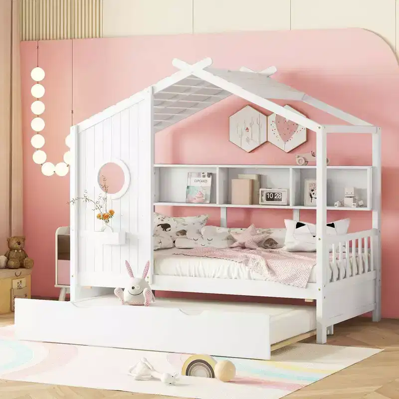 Twin Size House Bed with Trundle, Modern Design for Kids with Storage Shelf, White