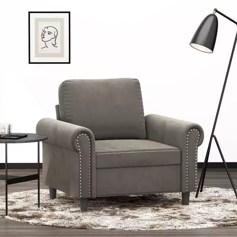 Sofa Chair Light Gray Velvet, Plywood, Metal, Foam