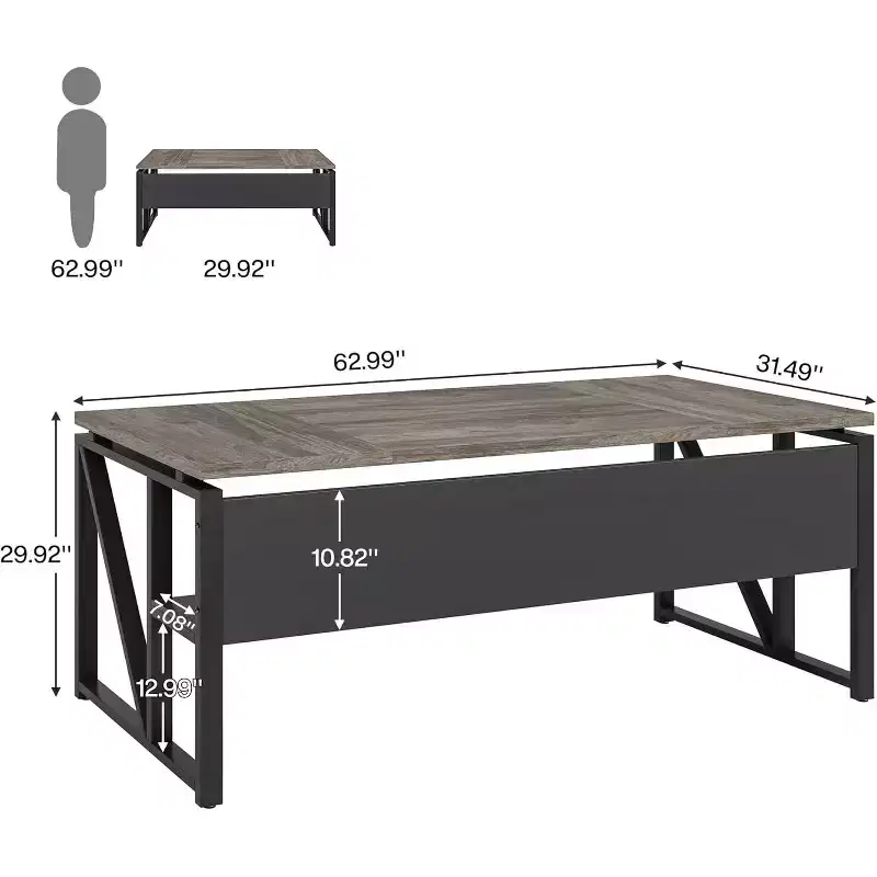 63-Inch Computer Desk with Bottom Storage Shelf & Metal Panel – Grey, Dark Walnut & Steel Legs
