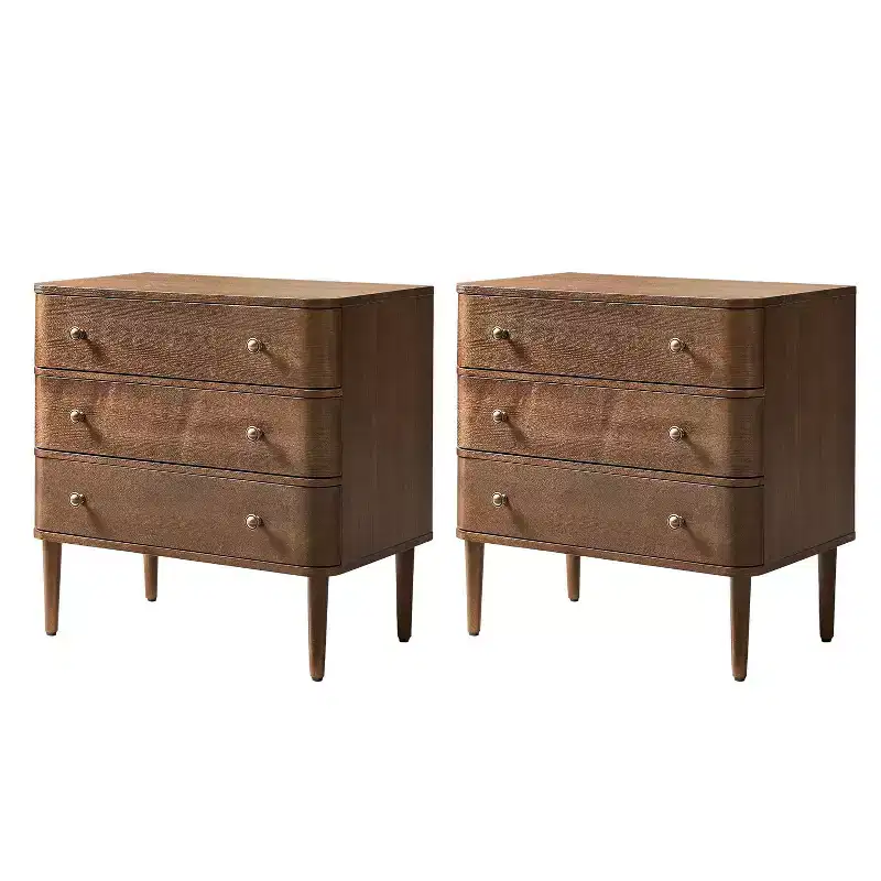 Modern 26W 3-Drawer End Table with Solid Wood Legs Built-in Outlet - Walnut