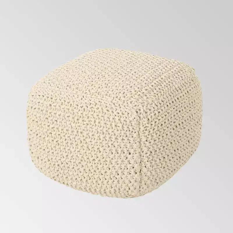 Knitted Pouf, Square, Hand-Stitched 100% Cotton, Natural