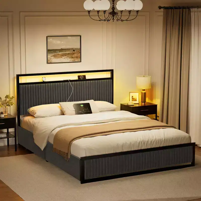 Upholstered Platform Bed Frame with 2 Storage Drawers, LED Headboard & USB Ports, Dark Gray