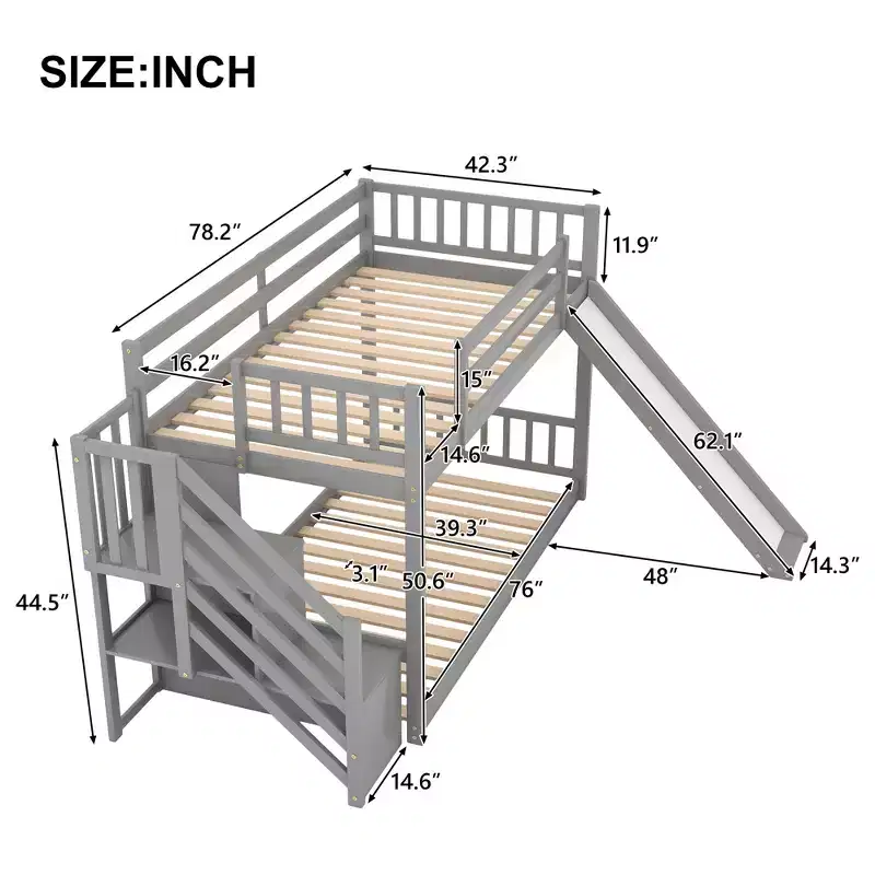 Solid Wood Twin over Twin Bunk Bed with Convertible Slide and Stairway, Low Bunk Bed with Storage Space
