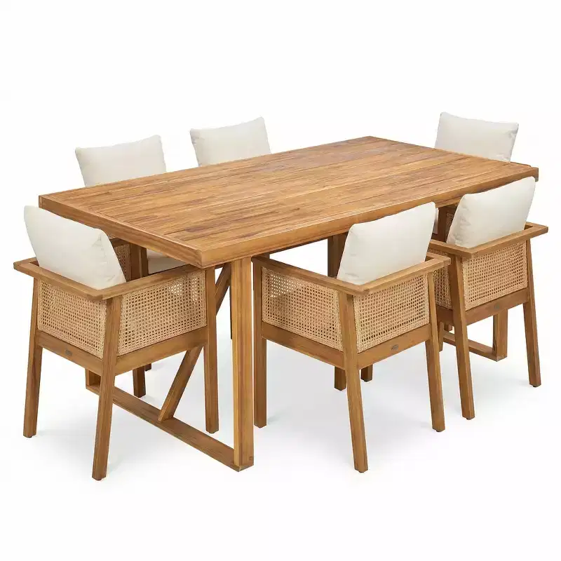 Christopher Knight Home William 7 Piece Patio Rustic Acacia Wood Rattan Dining Chairs with Slatted Table