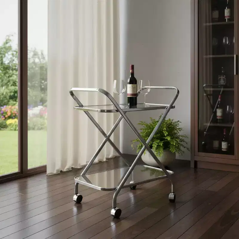 26 Silver Metal and Glass Rolling Bar Cart