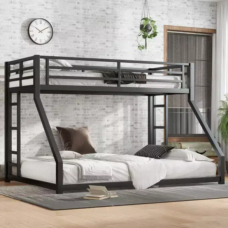 Metal Bunk Bed Twin XL over Queen with Guardrails, Floor Bunk Bed Frame with Built-in Stairs for Kids and Teens, Black