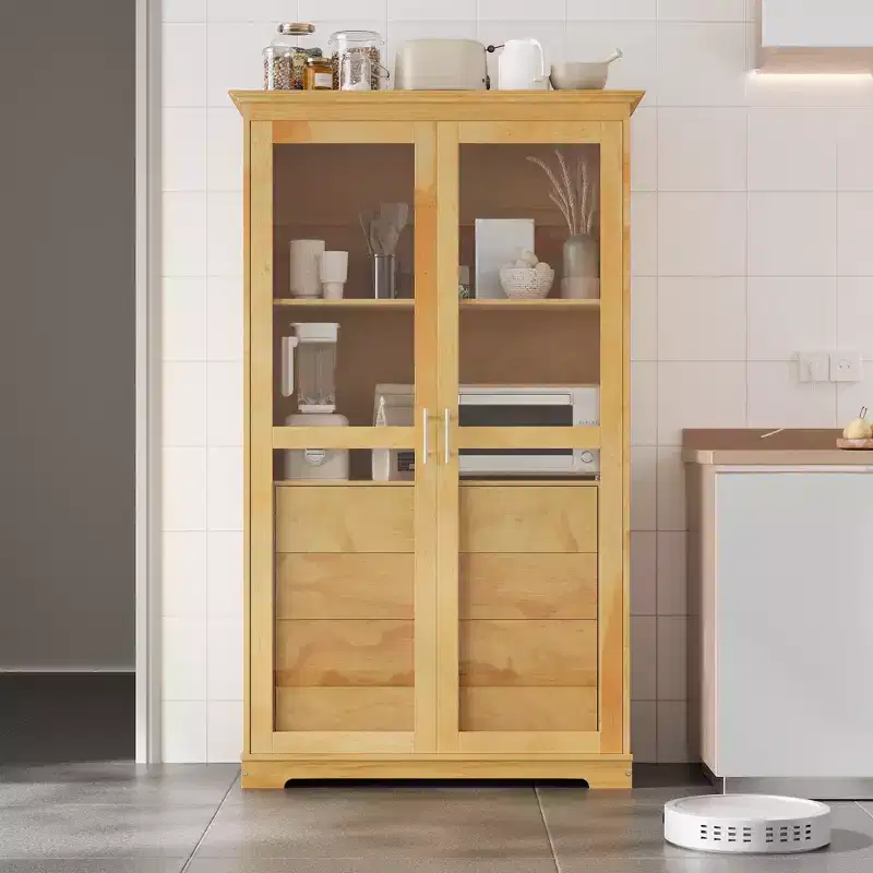 TOPMAX 44.7x20x75inch Kitchen Pantry, Freestanding Kitchen Storage Cabinet Display Cabinet with Glass Doors and 4 Built-in Drawers for Living Room