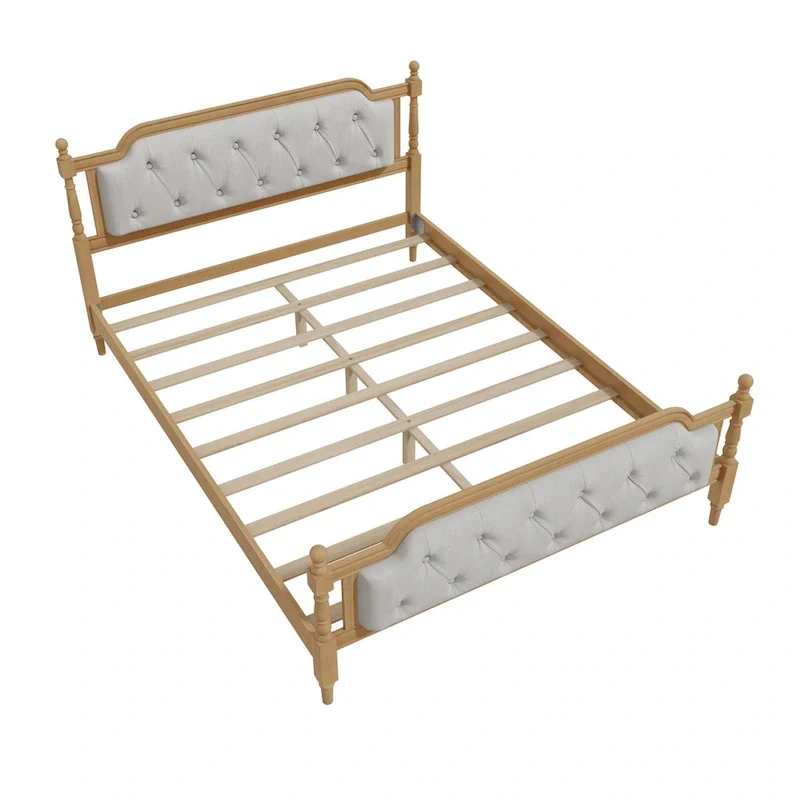 Solid Wood Bed Frame with Upholstered Tufted Headboard – No Box Spring Needed