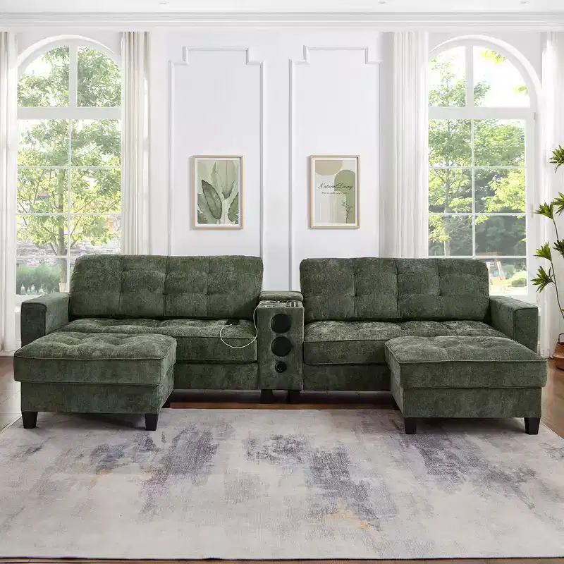 126 Sectional Sofa with Center Console, Cup Holders, U-shaped Sectional, Built-in Bluetooth Speakers, and 2 Storage Ottomans for Living Room