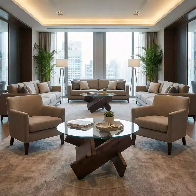 JVNOXK 33.4 Round Glass Coffee Table, Modern Tempered Glass Table with Walnut MDF Legs for Living & Dining Room