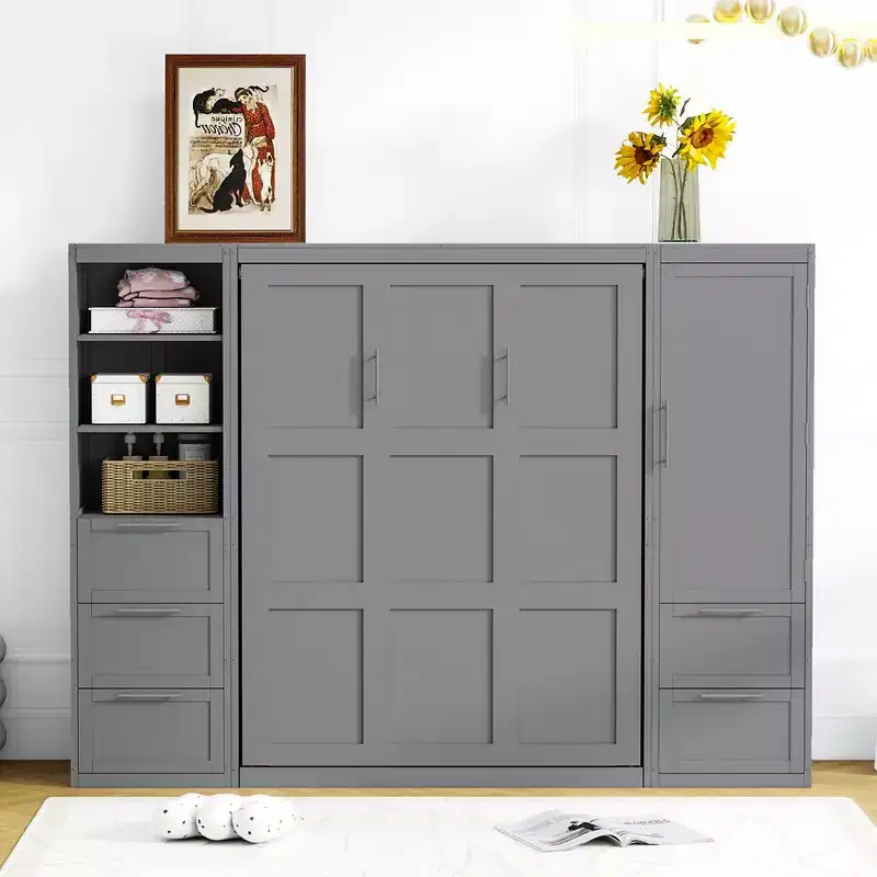 Queen Size Murphy Bed Wall Bed with 2 Side Closet, Drawers and Shelves, Cabinet Bed Folding Wall Bed for Guest Room Bedroom Office