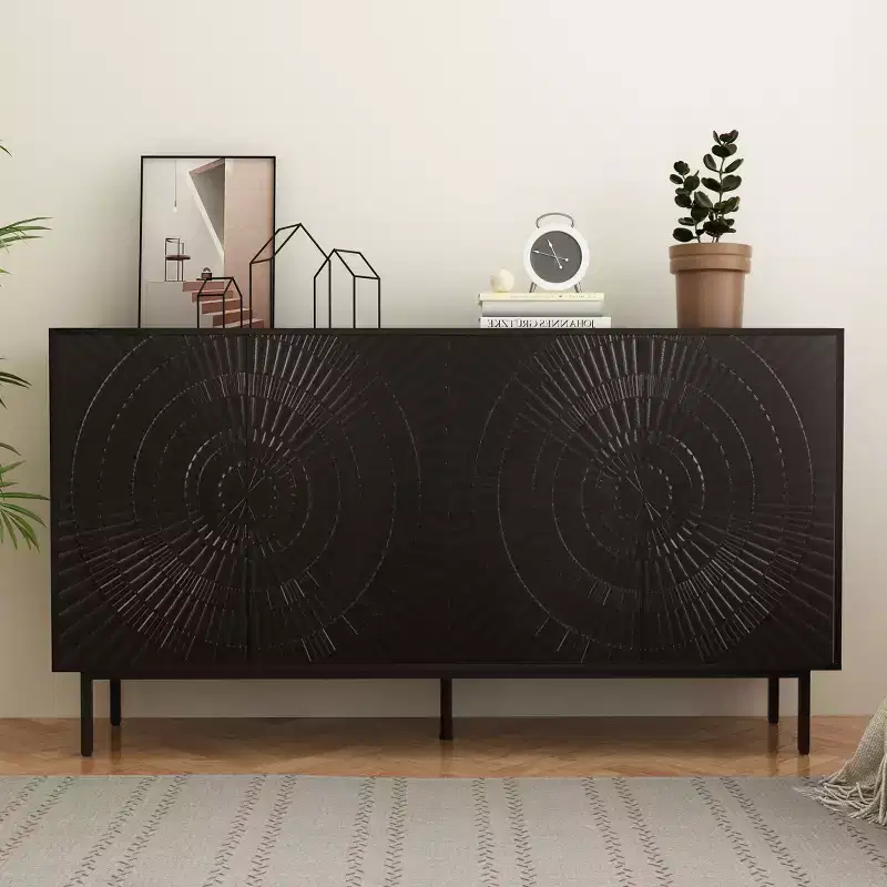 JVNOXK Modern Black Wooden Sideboard, Kitchen Storage Cabinet with Adjustable Shelves and Vacuum-Formed Door Design, Suitable for Kitchens, Black