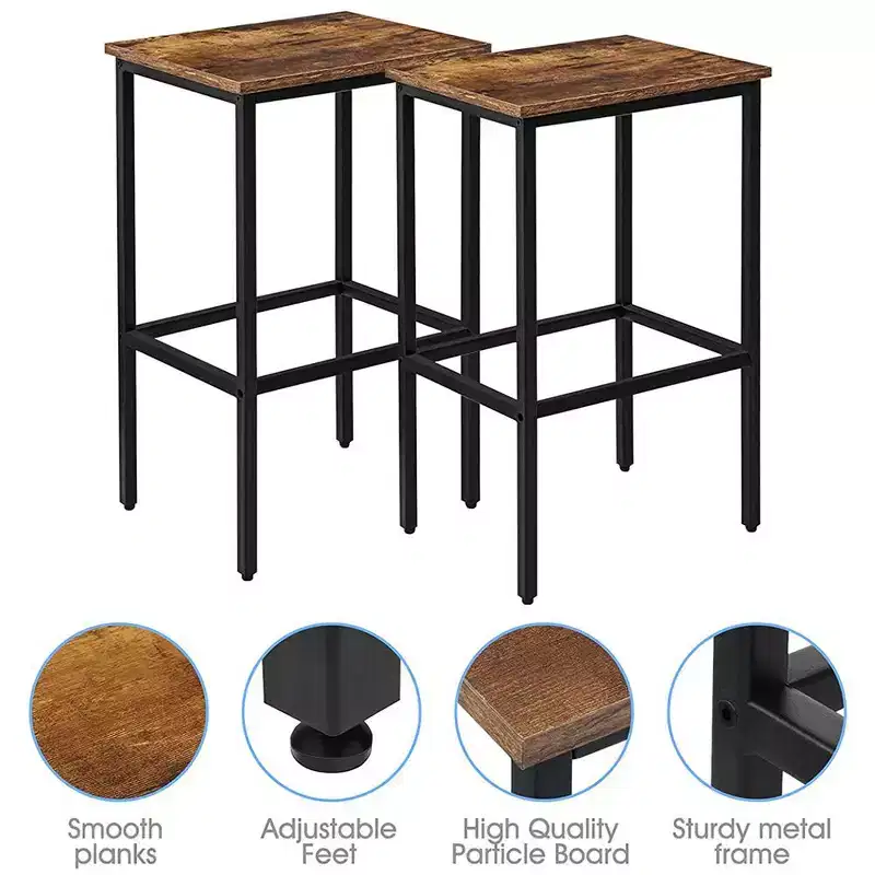 Set of 2 Rustic Brown Backless Counter Height Bar Stools with Steel Frame