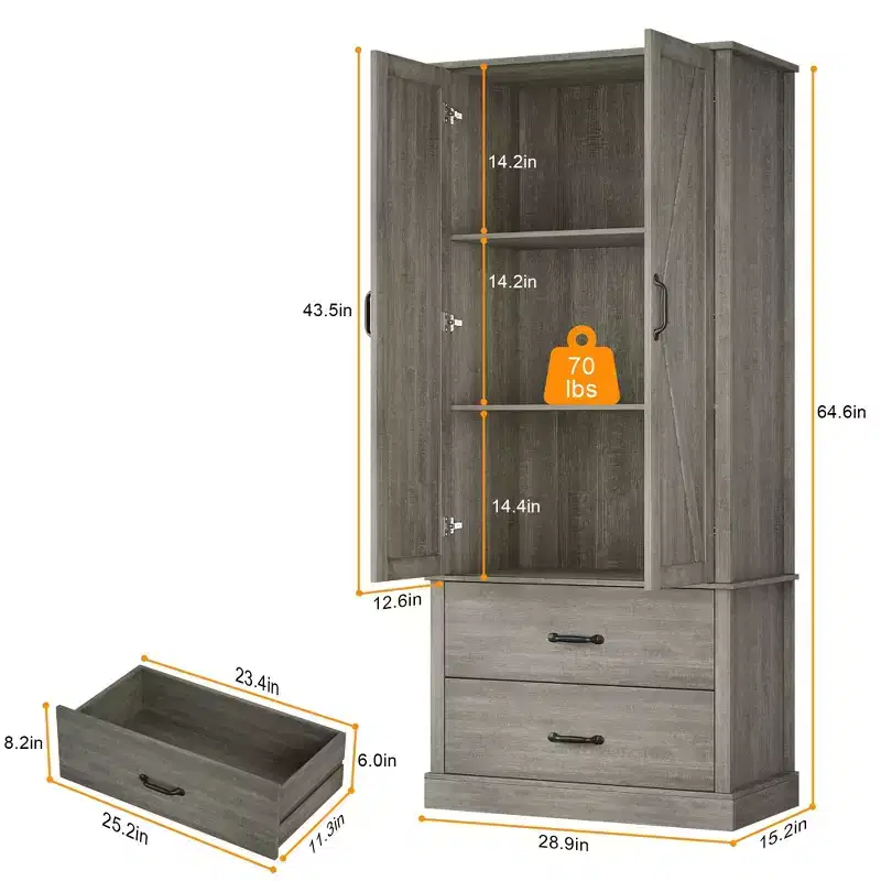 Kitchen Pantry Cabinet with 2 Drawers, Farmhouse Tall Storage Cabinet, Wood Food Pantry