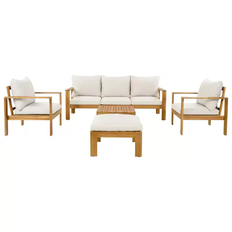 Christopher Knight Home Norman 5 Pieces Outdoor Slat Design Acacia Wood Upholstered Seating Set