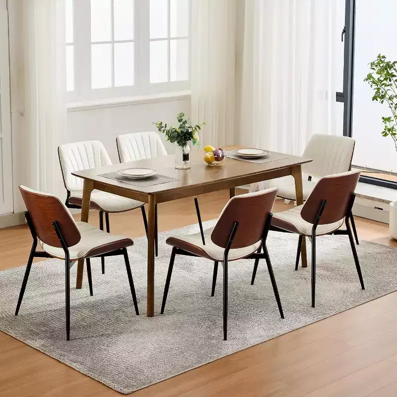 Mid-Century Modern Dining Chairs Set of 2 with PU Leather Upholstery  Walnut Bentwood Back & Adjustable Feet