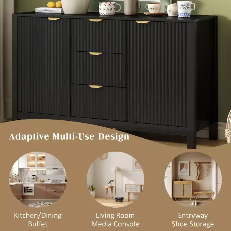 Okak Wave Design Sideboard Buffet, Storage Cabinet with Soft-Close Doors & 3 Drawers, Console Table for Kitchen Living Room Study