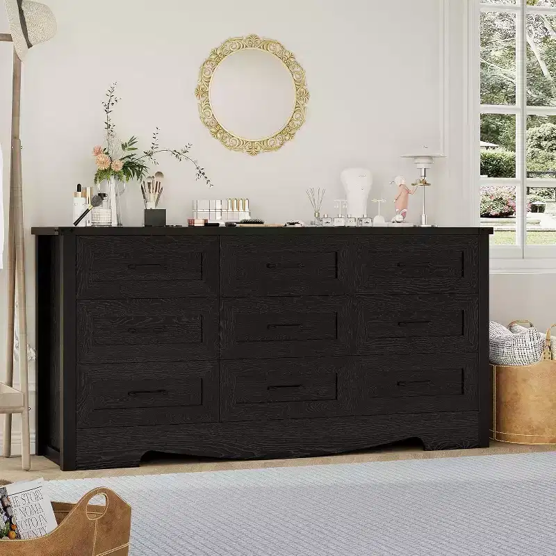 9 Drawer Dresser for Bedroom, 59 Farmhouse Wooden Tall Chest of Drawers, Modern Long Dresser, Wood Storage Cabinet with Handles for Living Room