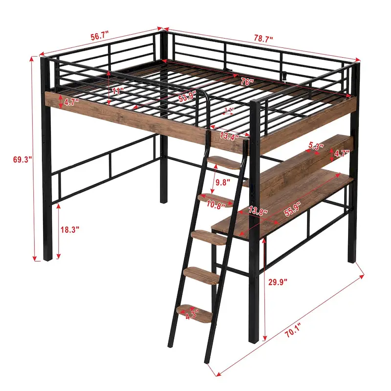 Full Size Metal Loft Bed with Built-in Desk, Shelf & Integrated Ladder, Space-Saving, 250 lbs
