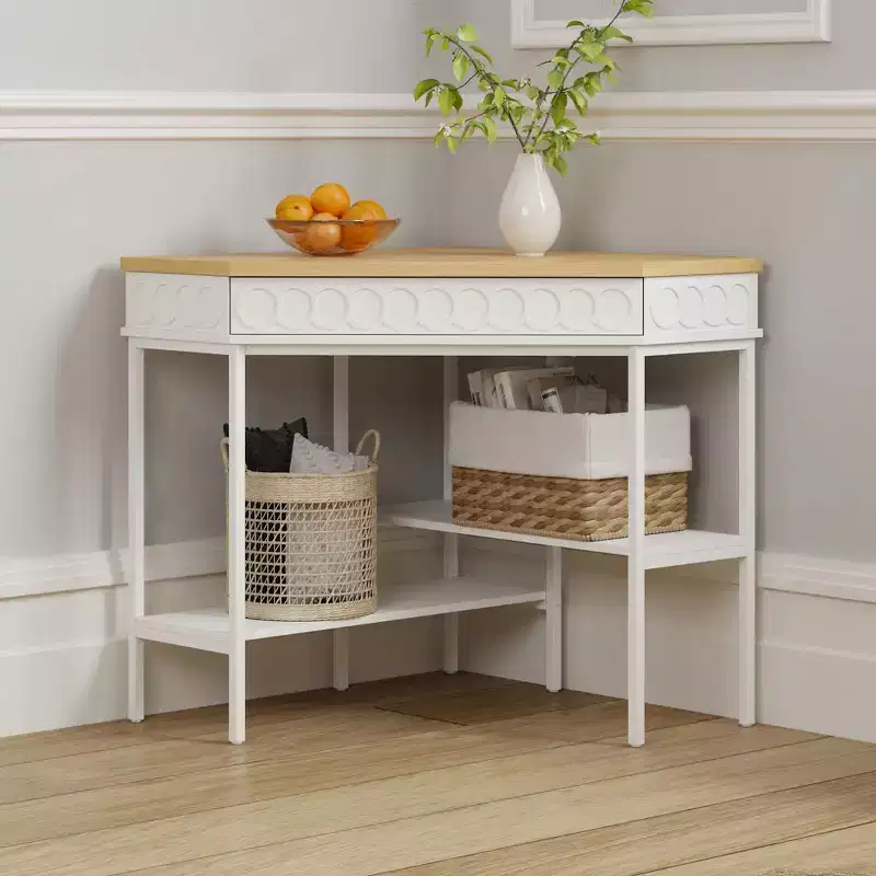 Famapy White & Oak Rotating Corner Side Table  Curved Drawer + Open Shelves