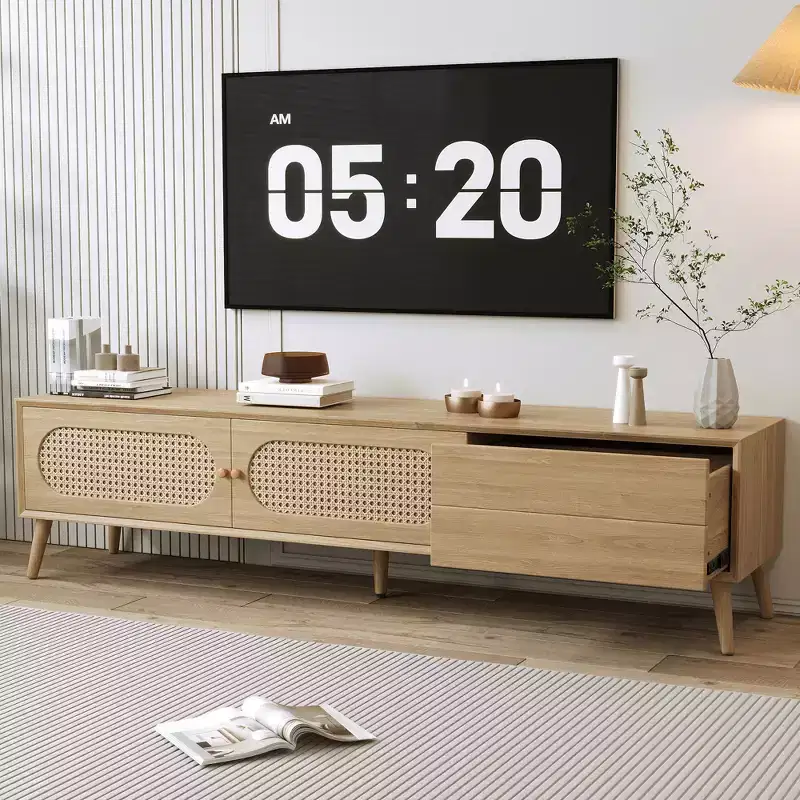 Boho TV Stand with Drawers for 75 inch TV, Wood TV Storage Cabinet Table with Solid Wood Legs for Living Room, Natural