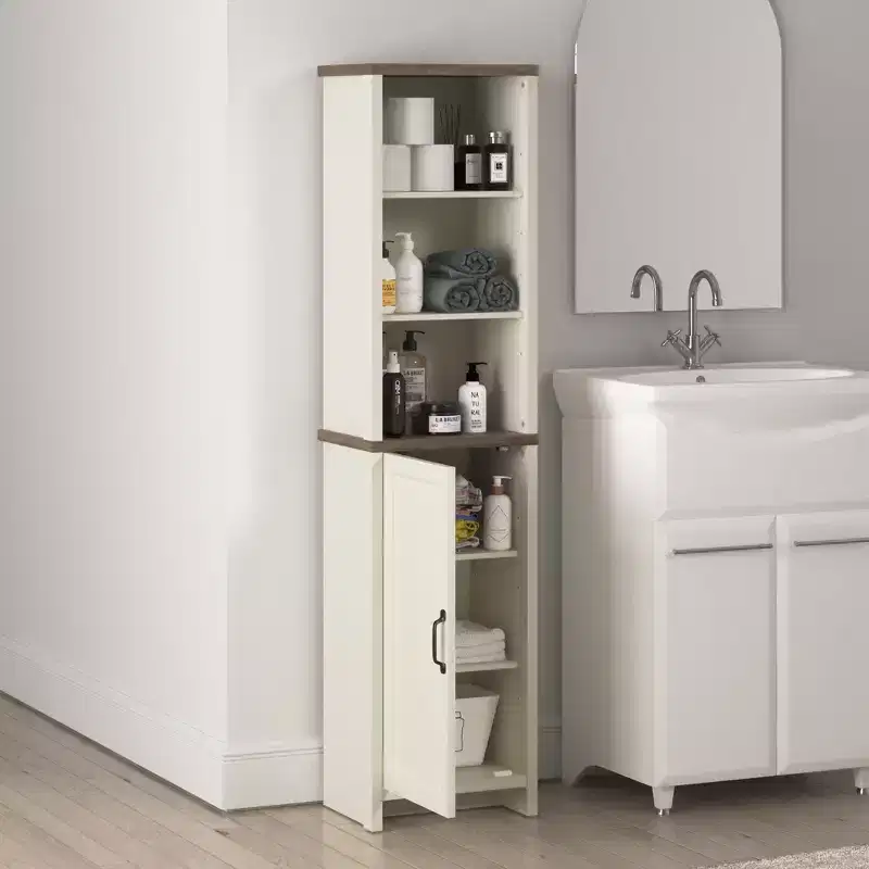 Wood Tall Bathroom Cabinet with Open Shelves & Lower Door 15.6''W x 63.7''H Ivory