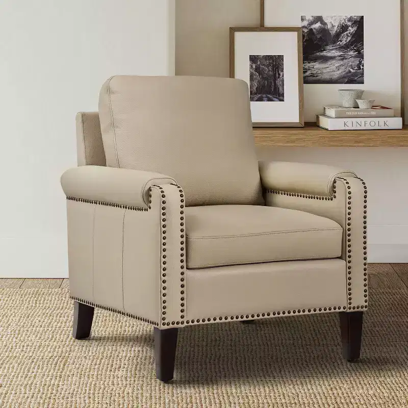 Genuine Leather Armchair with Removable Cushion and Nailhead Trims, Transitional Accent Chair