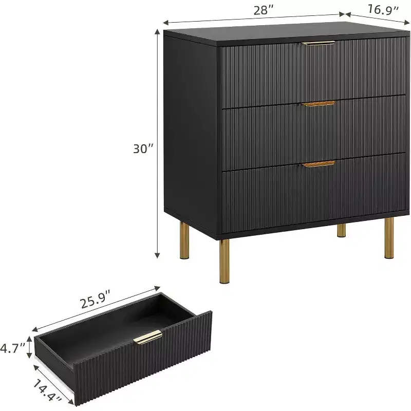 Modern 3 Drawer Dresser for Bedroom with Gold Handle and Large Drawer, Wood Double Chest of Drawers and Storage Organizer for Home