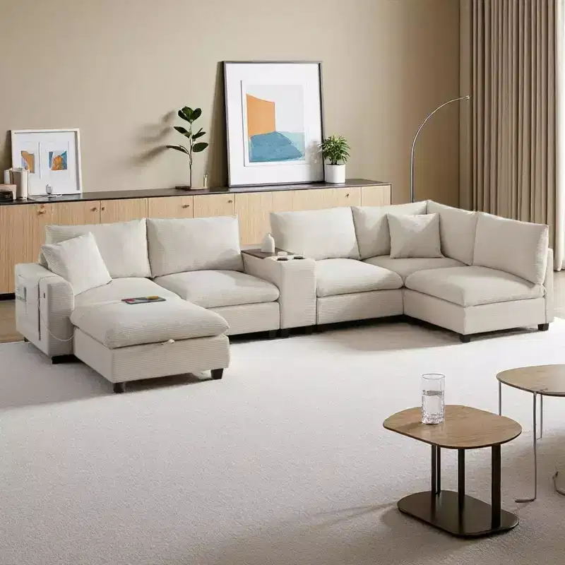 Polibi Multifunctional Oversized 6-Seat U-Shaped Corduroy Modular Sectional Sofa with Storage Ottoman