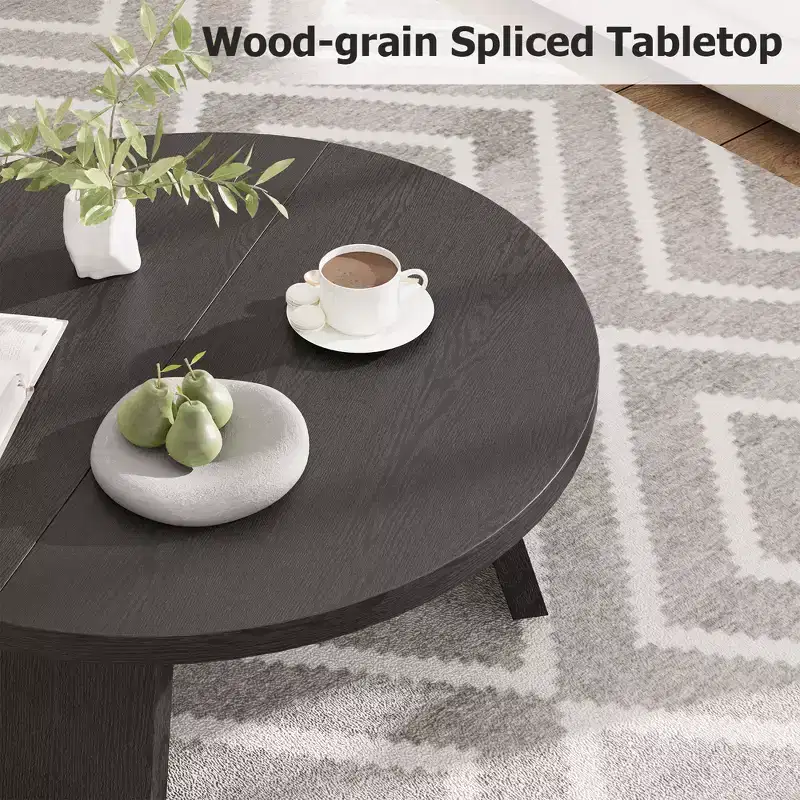 Modern Round Coffee Table for Living Room  33.5 Black Wooden Center Table  3 Sturdy Legs  Space-Saving Accent Cocktail Table