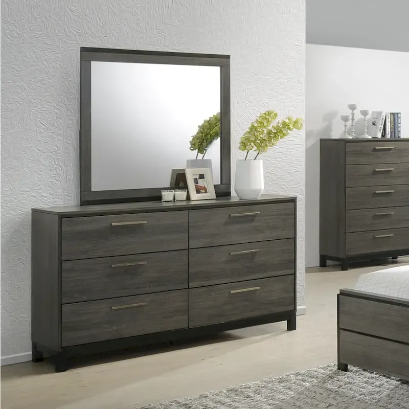 Roundhill Furniture Ioana 187 Antique Grey Finish Wood Bed Room Set, King Size Bed, Dresser, Mirror, Night Stand