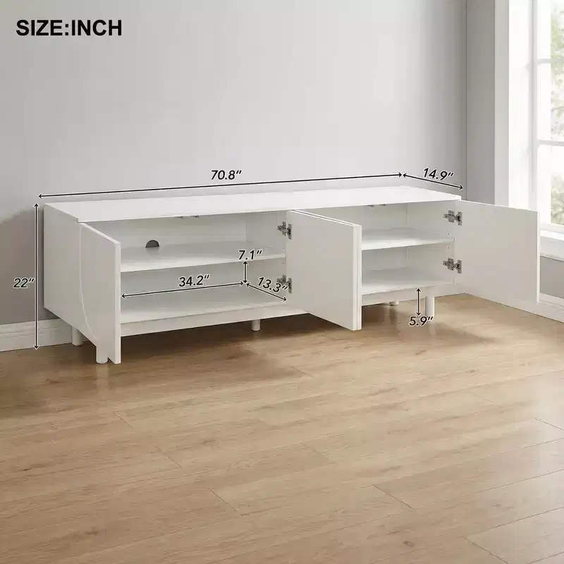 JVNOXK Stylish and elegant arched TV stand, suitable for TVs up to 78 inches. Features a minimalist solid wood leg design in white.