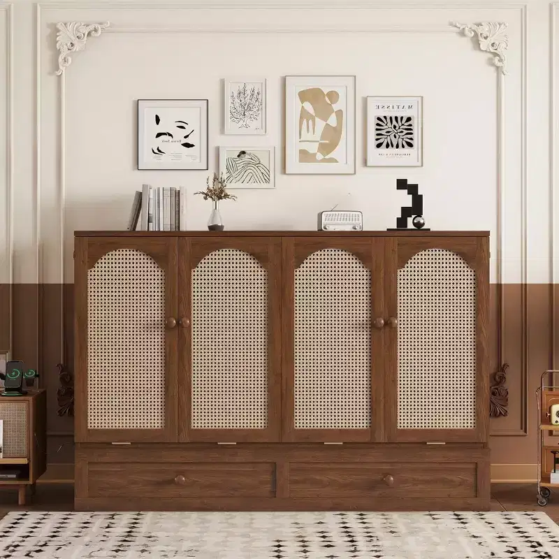 Luxystar Queen Size Murphy Bed with Large Drawer, Power Station and Rattan Panel for Livingroom and Small Apartments