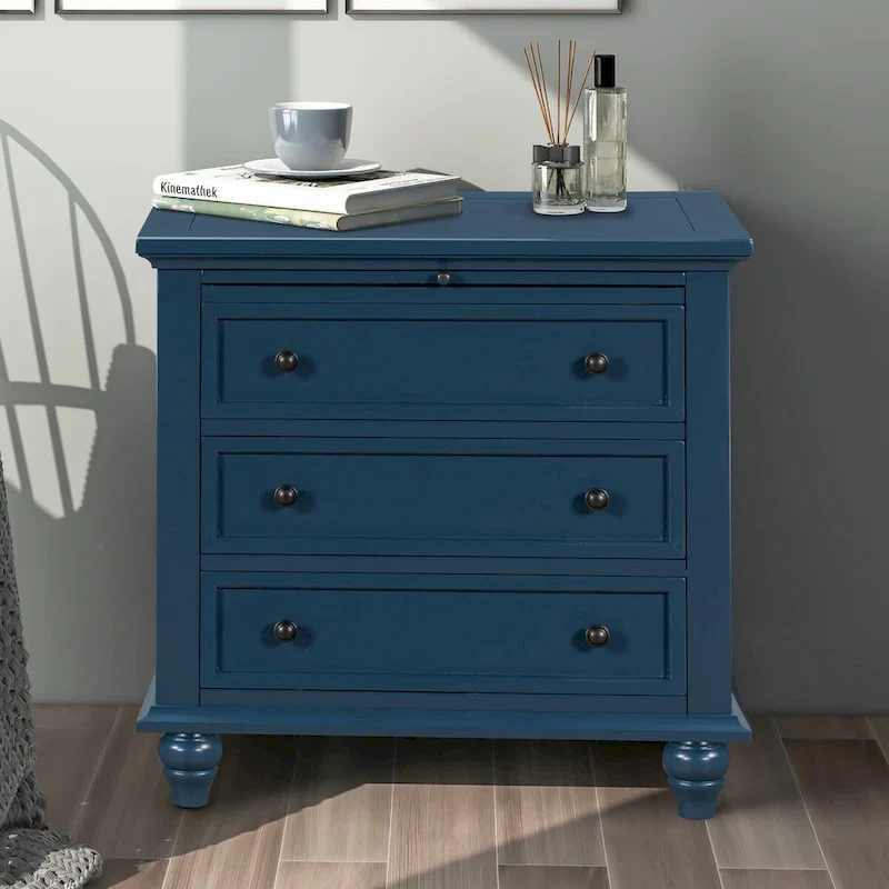 Solid Pine Wood End Table with Pull-out Tray and 3 Drawer, Easy Assembly