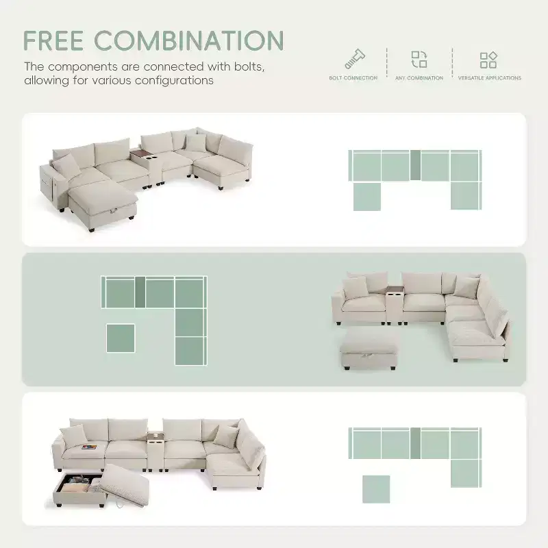 Modern Chenille 4-seat Sectional Sofa with Ottoman, L-Shaped Cloud Couch Set with Throw Pillows